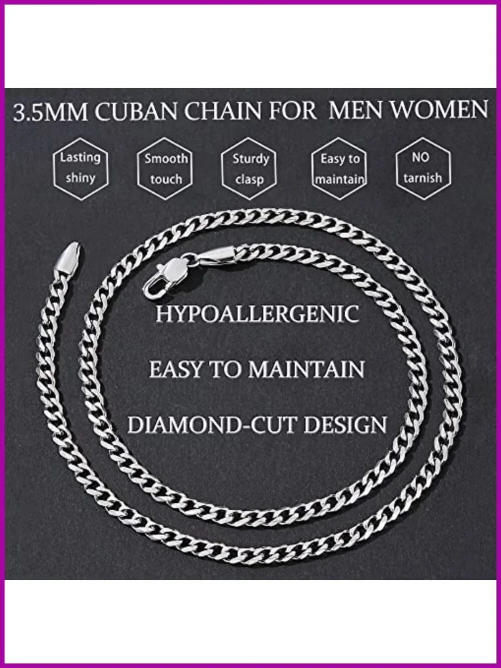 3.5mm Cuban Link Stainless Steel Necklace Chain for Men, Sterling Silver